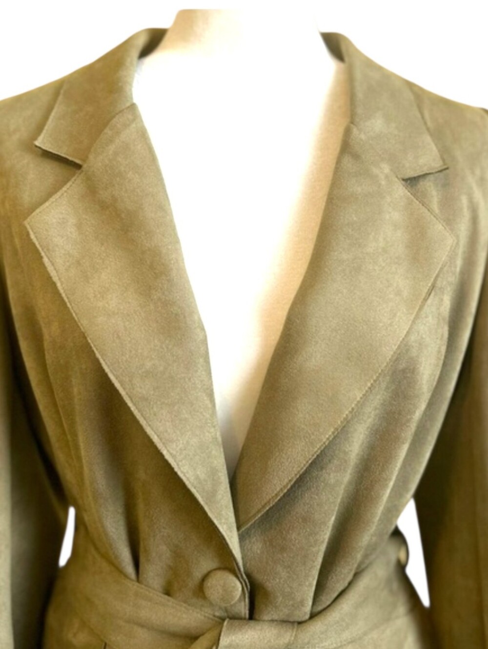 Solitaire Sage Green Faux Suede Belted Blazer Jacket Puff Sleeve Button Front LG - Picture 5 of 16